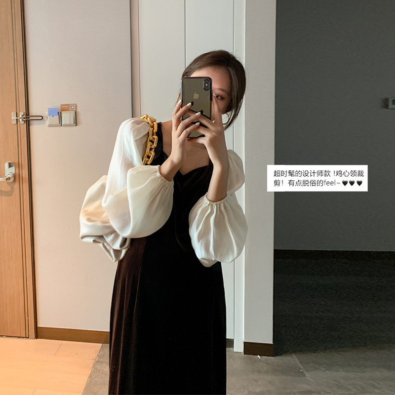 ◆AMUM maternity dress◆Gentle trap~Foreign style designer spring and autumn velvet stitching long-sleeved dress