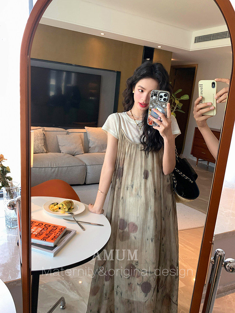 ◆ Amum Maternity Wear ◆ Outfits for Pregnant Moms~ Vintage Pleated Stylish Summer Dress That Doesn'T Show Pregnancy, Loose-Fitting Strap Dress. — 13