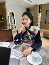 ◆AMUM maternity wear◆Navy blue Seattle~age-reducing shirt skirt layered with retro knitted vest and vest