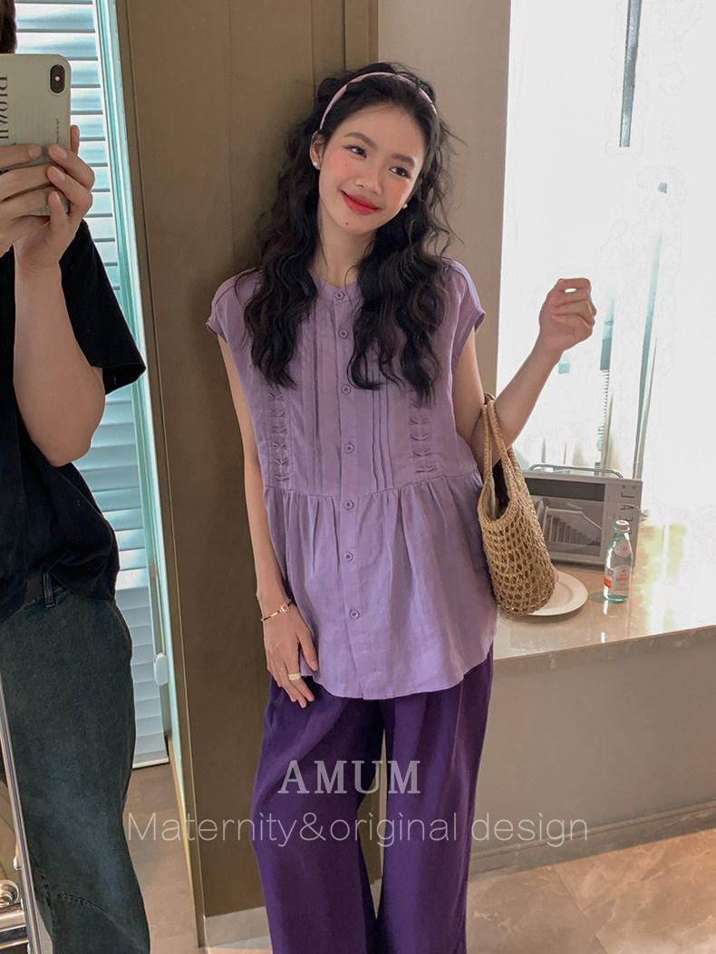 ◆AMUM孕妇装◆孕期套装穿搭~麻无袖洋气上衣复古小衫波点半身裙 — 38