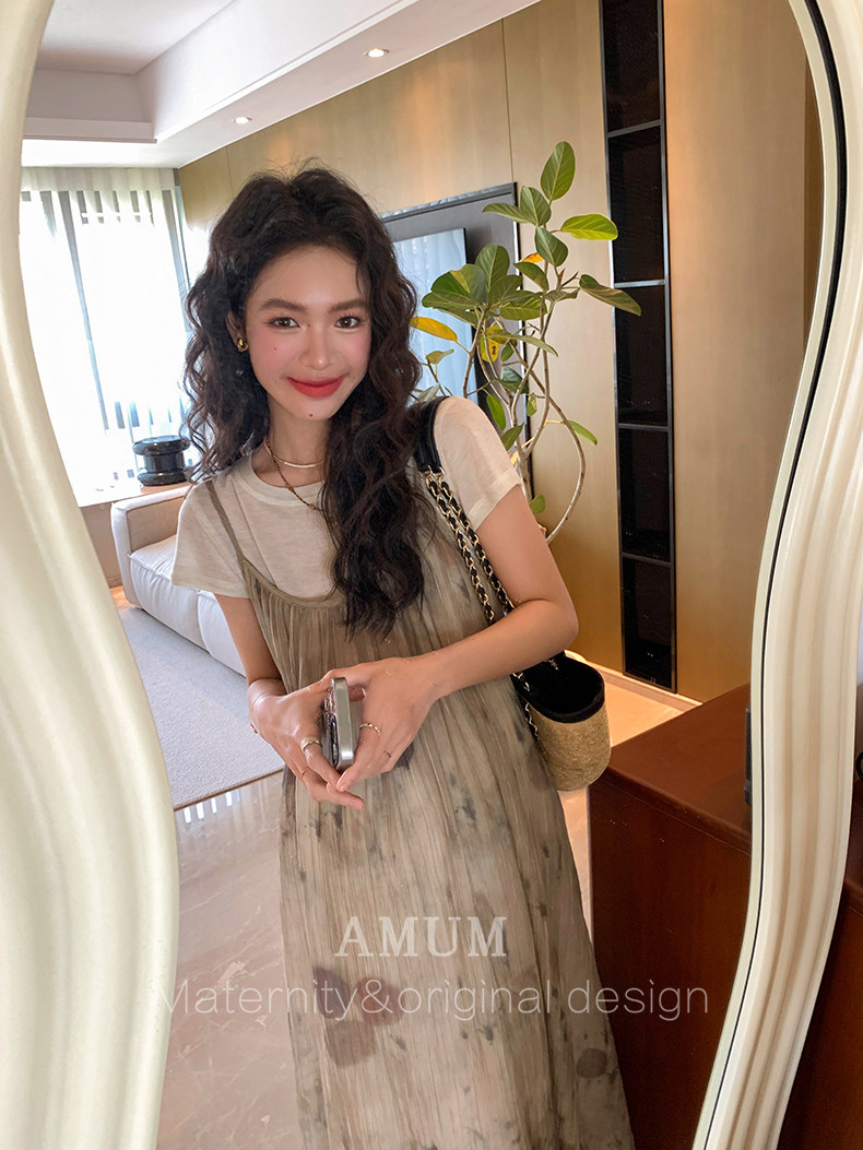 ◆ Amum Maternity Wear ◆ Outfits for Pregnant Moms~ Vintage Pleated Stylish Summer Dress That Doesn'T Show Pregnancy, Loose-Fitting Strap Dress. — 17