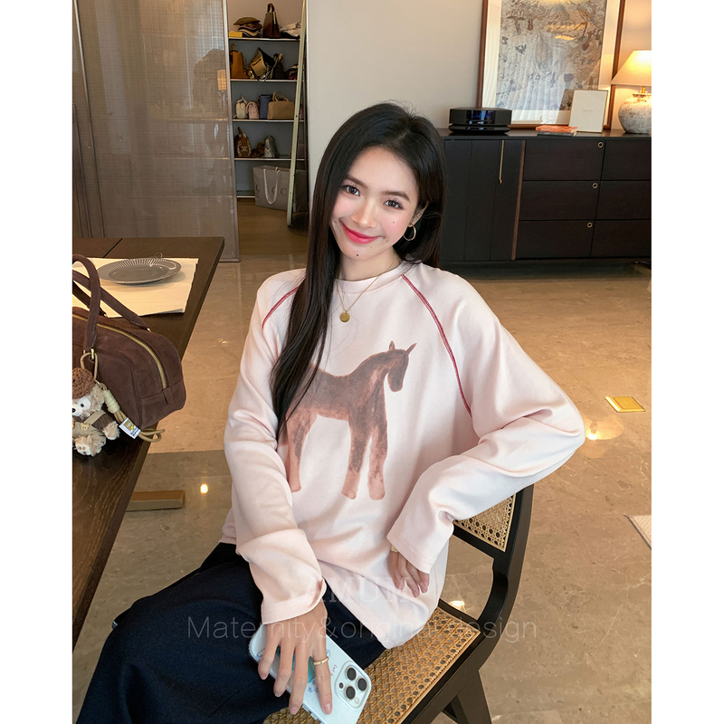 ◆ Amum Maternity Wear ◆ Pink Color ~ Korean Style Thin Early Autumn Loose Fit, Slimming, Simple Large Round Neck Long-Sleeved Sweatshirt