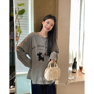 Amum maternity wear lazy and hempy~ striped round neck t-shirt loose long-sleeved letter printed slim top