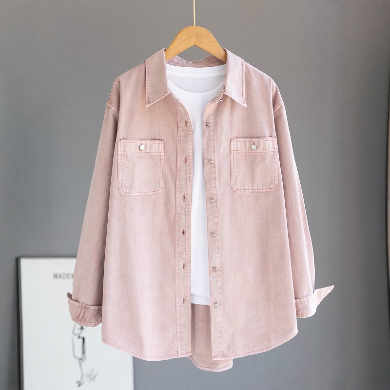 Japanese Selection Gp High-End Pure Cotton Pink Denim Shirt for Women, British Style Workwear Pocket Loose Top Jacket