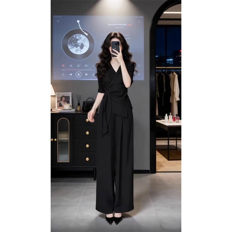 French Rouje Moaks Silk Suit Set for Women, Summer Thin Professional Lace-Up Top and Wide-Leg Pants Two-Piece Set French Rouje Moaks Silk Suit Set for Women, Summer Thin Professional Lace-Up Top and Wide-Leg Pants Two-Piece Set