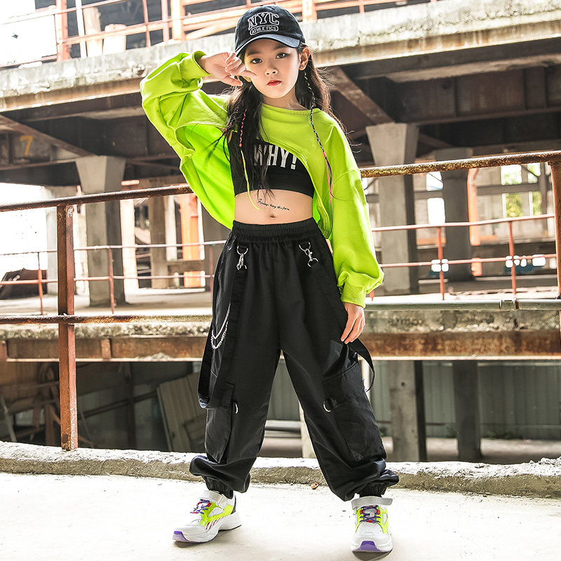Children's Street Dance Suit Girls Jazz Dance Costumes Girl Hip Hop Autumn Winter Dew's Fluorescent Green Young Children Act Out