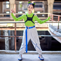 Girl Jazz Dance Children Hip Hop Street Dance Reveal Navel Shoulder Blouse Long Pants Suit Jazz Practice Costume for the summer