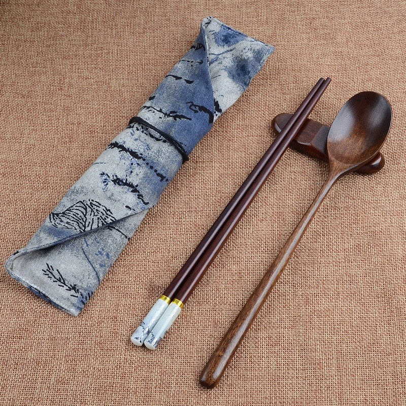 Long about small Xinqing Foss spoon tableware Chopsticks portable student Japanese wooden set Fork spoon Soup spoon