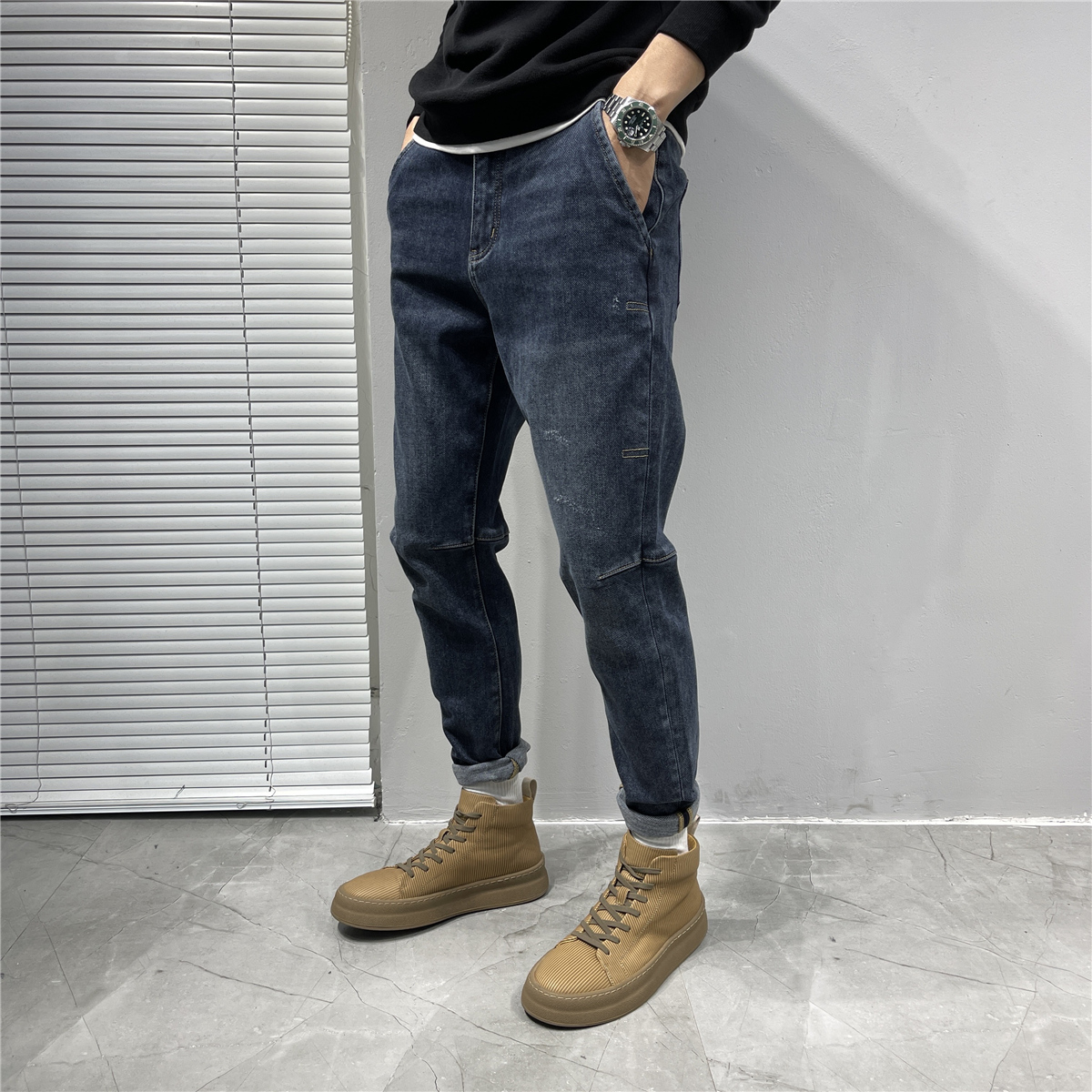 Original casual washed cotton slings jeans men 2023 autumn and winter solid cut with small feet 100 lap length pants-Taobao