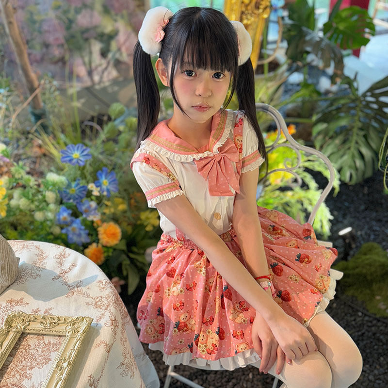 Original Design Bear-Hugging Strawberry Pattern Embroidered Pink Sailor-Style Puffy Skirt for Petite Figures, Summer