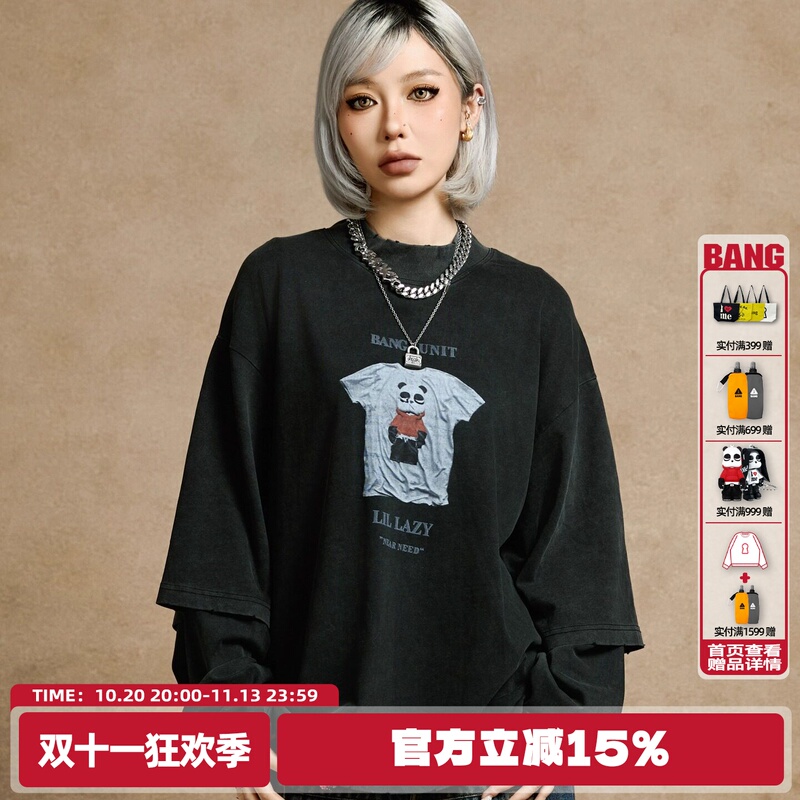 Bang's "Lazy Lil Lazy" Distressed Half-High Collar Faux Two-Piece Pure Cotton Long-Sleeve Digital Direct-Print T-Shirt Trend