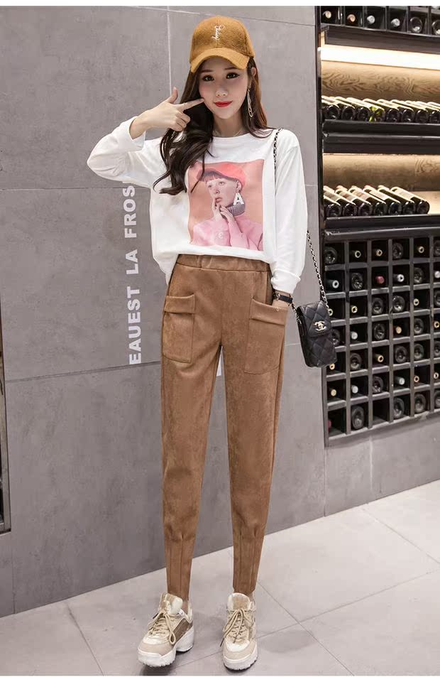 Mùa thu đông 2018 mới quần nhung nhung cao eo cao phiên bản Hàn Quốc gồm 9 chiếc quần lửng ống rộng chân hoang dã quần dài nữ hàn quốc