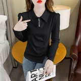 Приятный телу осенний лонгслив, осенняя демисезонная футболка, воротник поло, рукава фонарики