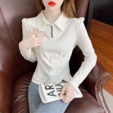 Приятный телу осенний лонгслив, осенняя демисезонная футболка, воротник поло, рукава фонарики