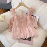 Милая шифоновая рубашка, кукла, французский стиль, открытые плечи, эффект подтяжки