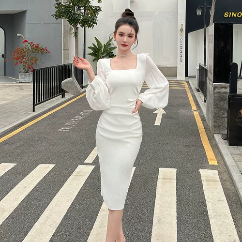 Белое весеннее платье, дизайнерский приталенный корсет, фонарь, юбка, французский стиль, квадратный вырез, новая коллекция, с акцентом на бедрах