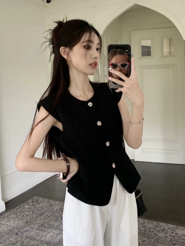 Черный корсет, рубашка, сексуальная футболка без рукавов, французский стиль, в стиле Шанель, с рукавом