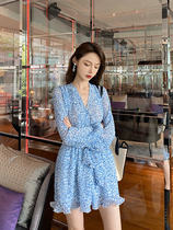 Liu Sansan three blue hipster first love French flower beach wave dot bow long sleeve V neck conjoined skirt women