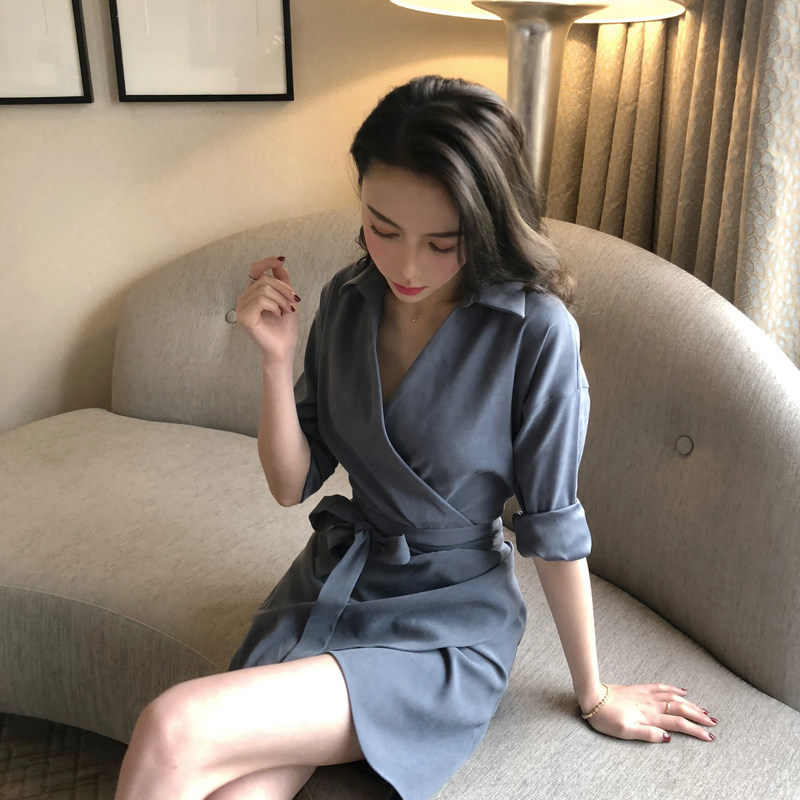 Willow Three Spring Autumn New Ocean Dress Code Style style Long Sleeves Lacing Foggy Blue V Collar Skirt to Supper Lean Temperament