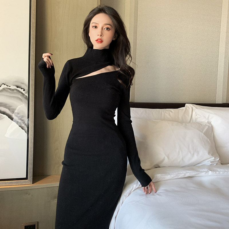 Black semi-high collar knitted hip dress women's autumn and winter waist slimming knee-length bottoming dress socialite temperament