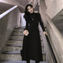 Retro Hepburn Little Black Skirt Autumn Long Waist Black Dress Womens Cautus Slimming Strap A- line dress