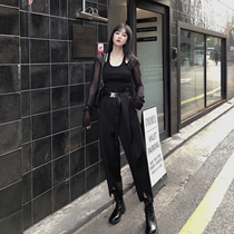Black high waisted suit wide leg pants women 2021 New High waist hem split slim little feet ankle-length pants belt belt
