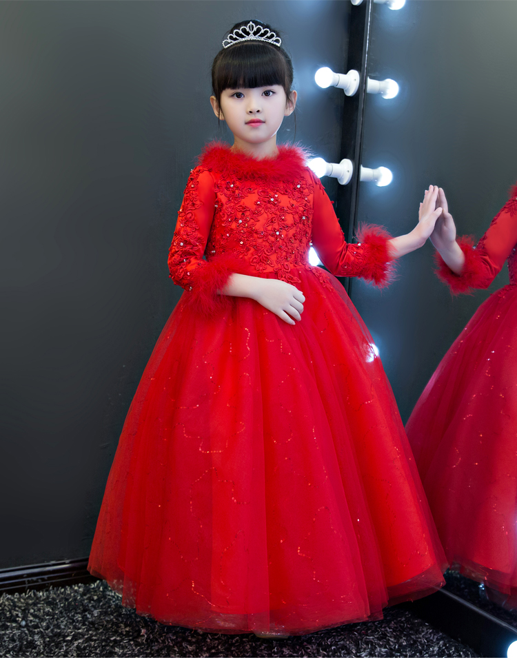 Váy hoa công chúa váy cô gái lông mịn gạc dạ hội váy trẻ em váy cưới đỏ tay dài mùa đông trang phục đồ vest bé trai
