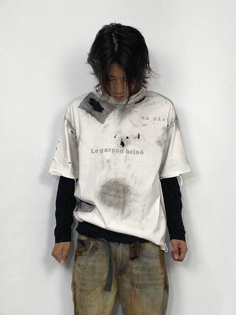 Vajavu 3% Original Niche Avant-Garde Distressed Color-Washed Ripped Deconstructed Burnt Short-Sleeve Dirty Fit
