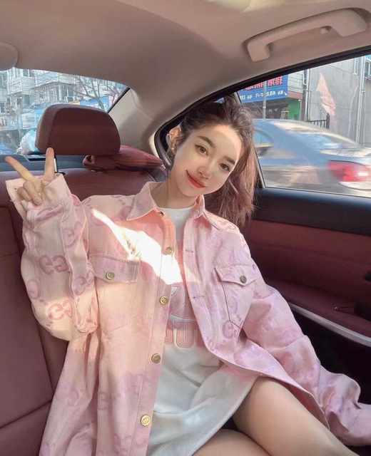 Lujia Jacquard 24 New Fashion Brand Pink Heavy Denim Jacket Women's Loose Printed American Top Hong Kong Style Ins