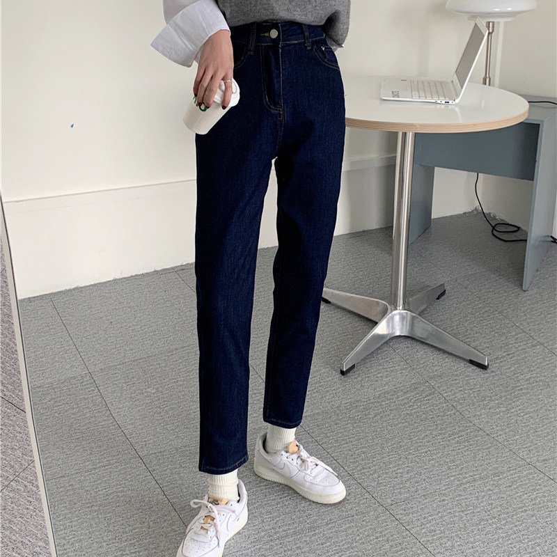 Dark blue High waist Hallen jeans Women 2021 Fall large size Fat mm Weight Slim 100 Lap Straight Barrel 90% Pants