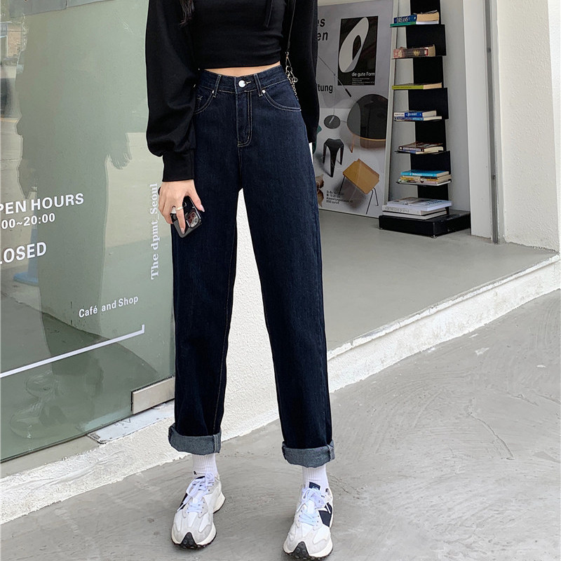 Dark Blue High Waist Jeans Woman 2022 Spring Tyrolean Pear Shape Slim Fit Slim Straight Drum Harun Old Daddy Pants