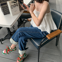 Collision Color Curl Jeans Woman Spring Autumn Season 2022 New Big Code Fat Mm High Waist Display Slim Pear Shaped Straight Drum Long Pants