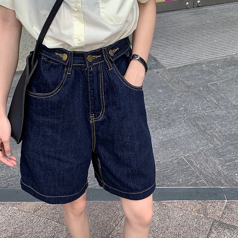 Denim shorts women's summer thin section large size fat mm high waist was thin 5 points five-point pants loose wide-leg five-point pants summer