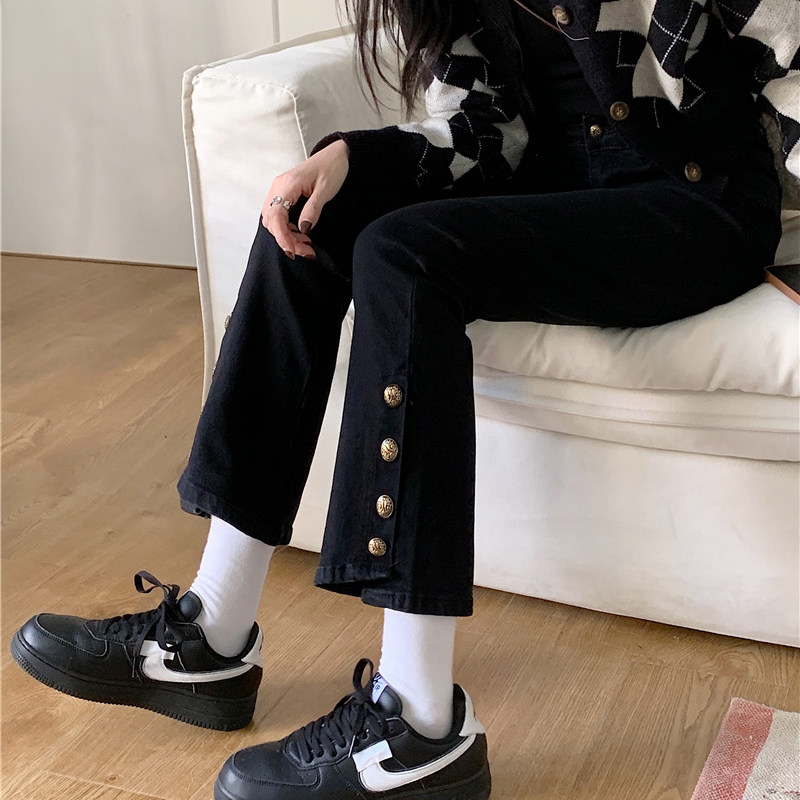 Black Straight Drum Jeans Woman Spring Summer Dress Slim Fit Large Size High Waist Loose Pear Shaped Slim Horn 90% Pants