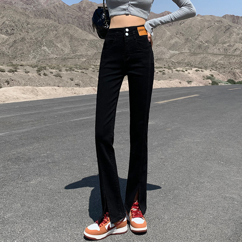 Black high waist open fork jeans Women 2022 Spring new display slim display high elastic micro-horn open slit pants