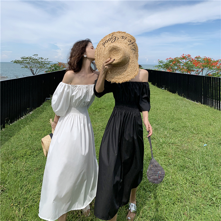 VK旗艦店 韓國風一字領時尚簡約短袖洋裝