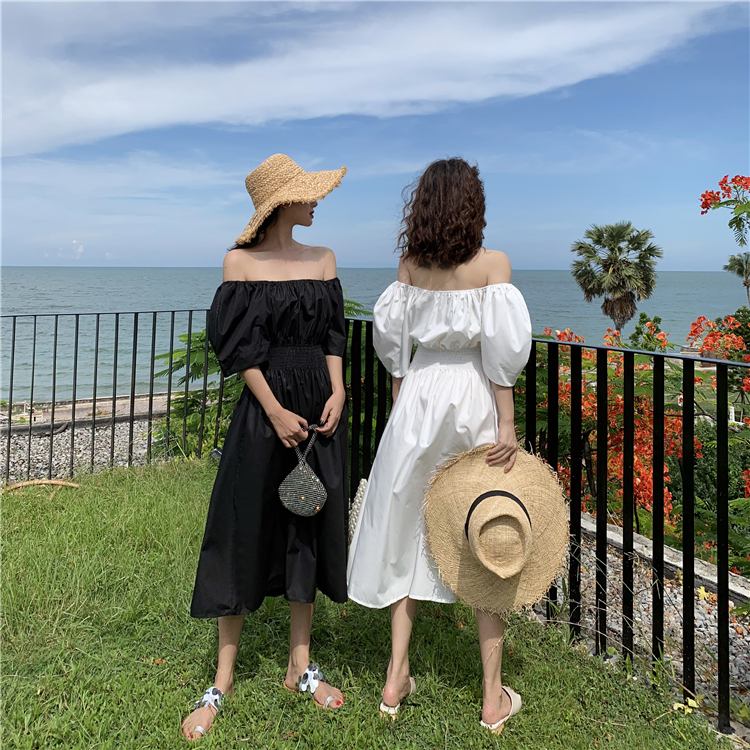 VK旗艦店 韓國風一字領時尚簡約短袖洋裝