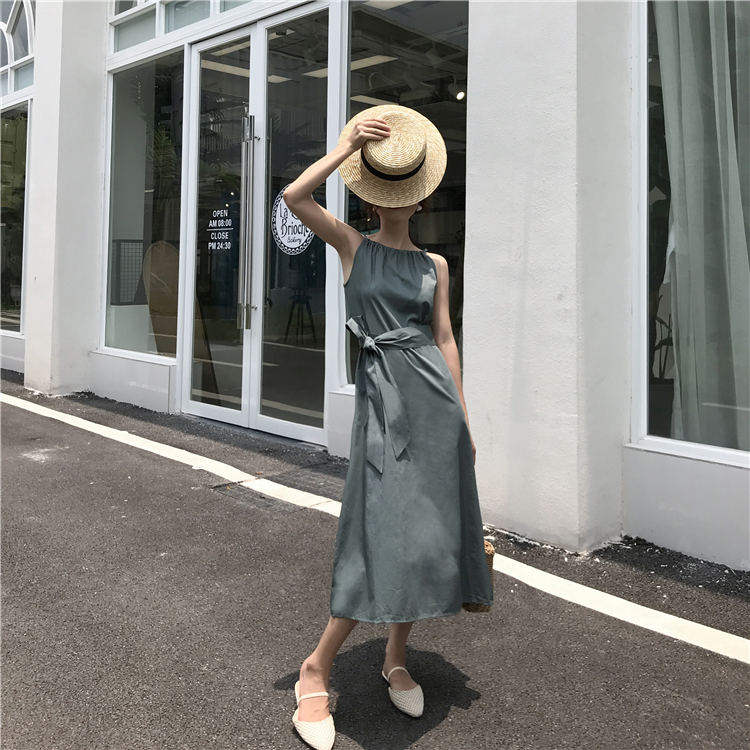 VK旗艦店 韓國風時尚掛脖收腰削肩無袖洋裝