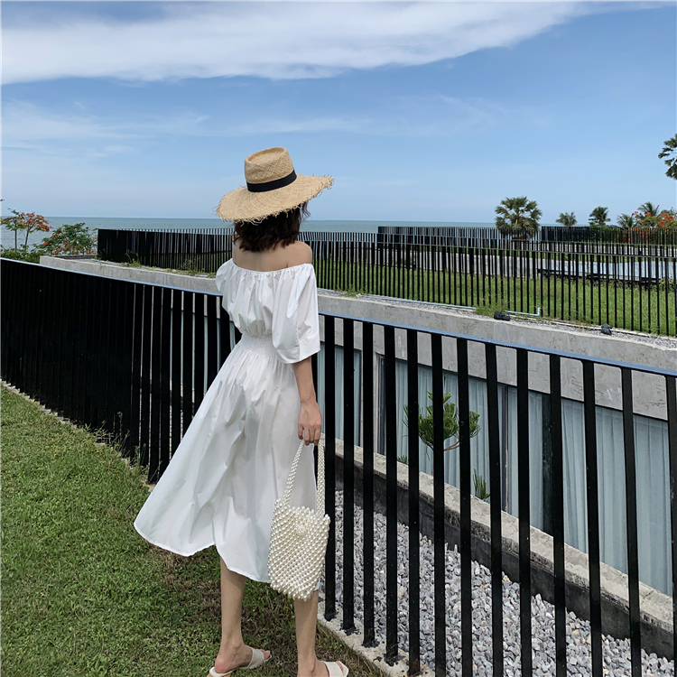 VK旗艦店 韓國風一字領時尚簡約短袖洋裝