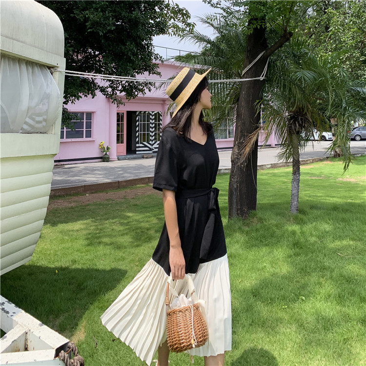 VK旗艦店 韓國風時尚百搭顯瘦拼接桔梗裙短袖洋裝