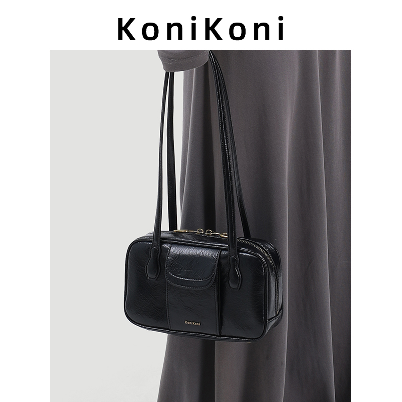Konikoni Genuine Leather Niche Boston Bowling Bag for Women 2026 New High-End Underarm Bag Single Shoulder Small Bag