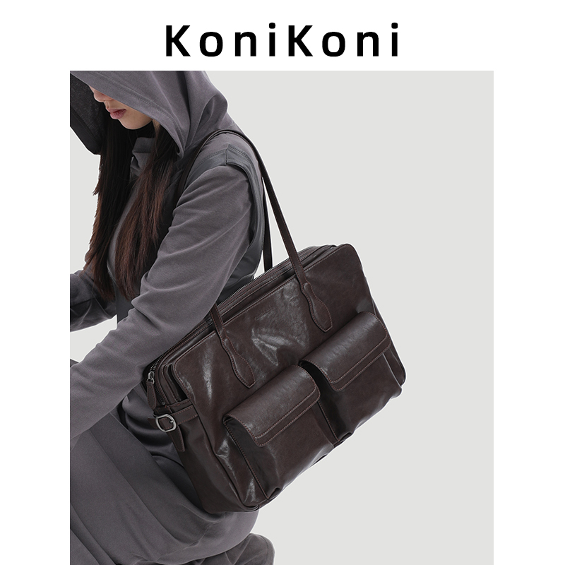 Konikoni Genuine Leather Large-Capacity Tote Bag for Women 2026 New High-End Super Popular Briefcase Commuter Bag Single Shoulder Large Bag