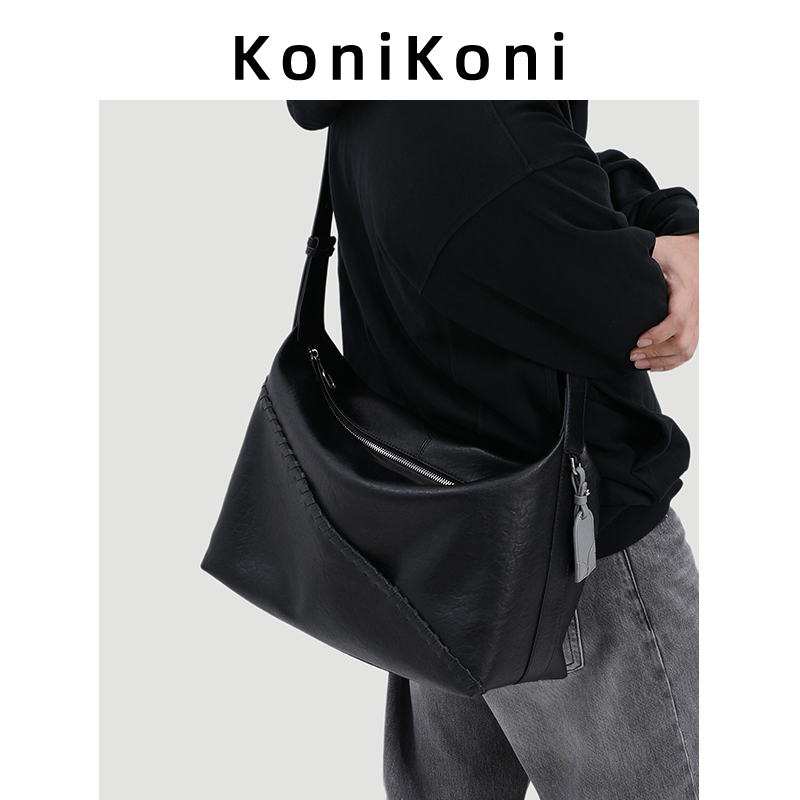 Konikoni Genuine Leather Men's Crossbody Bag 2026 New Model Large Capacity Hobo Commuter Tote Bag Shoulder Bag