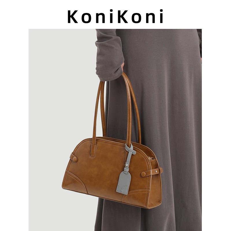 Konikoni Genuine Leather Boston Bowling Bag for Women 2026 New Niche High-End Underarm Bag Super Popular Shoulder Bag