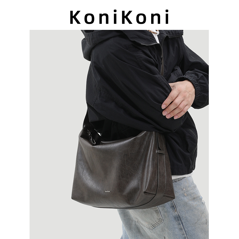 Konikoni Genuine Leather Men's Crossbody Bag 2026 New Style Boys' Portable Commuter Tote Bag Hobo Bag Shoulder Bag