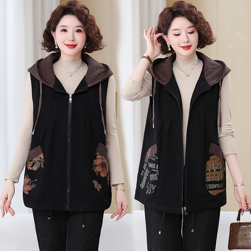 Middle-Aged and Elderly Women's Casual Hooded Vest Jacket 100kg Plus Size Mid-Length Spring and Autumn Denim Print Vest