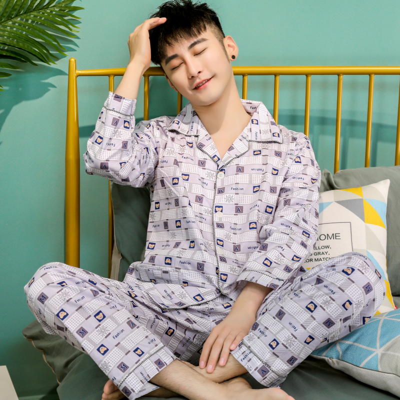 Bộ đồ ngủ mens dài tay bông cotton vào mùa xuân và mùa thu mens đồ ngủ cotton kiểu mỏng màu xanh lá cây giữa mùa hè quần áo nhà thiết.