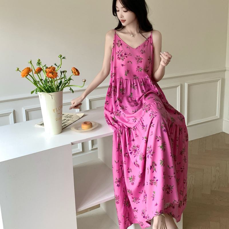 Extra-Long Suspender Dress, Summer Cotton Silk Nightgown That Can Be Worn Outside, Women's Sleeveless Tank Dress, Vacation Style Floral Ethnic Long Dress Extra-Long Suspender Dress, Summer Cotton Silk Nightgown That Can Be Worn Outside, Women's Sleeveless Tank Dress, Vacation Style Floral Ethnic Long Dress