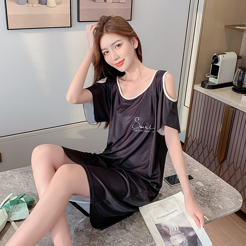 Modale Ice Silk Sleeping Dress Woman Summer Black Dew Shoulder back net Red burst 2022 New pyjamas women can wear outside