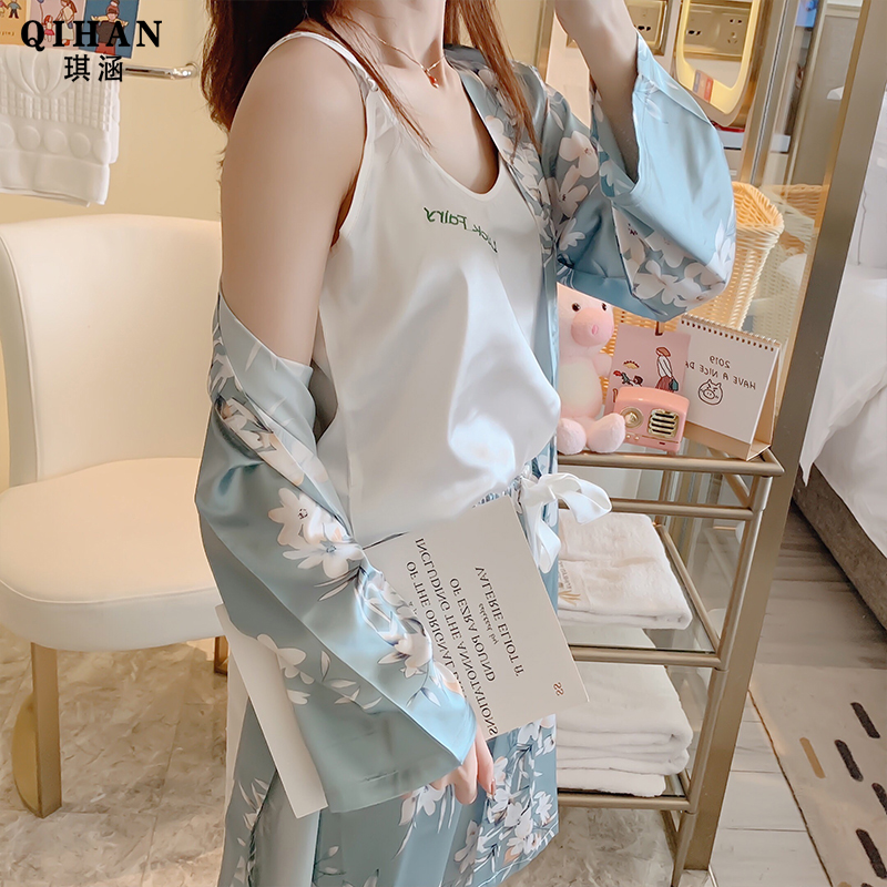 Spring Autumn Summer Pyjamas Women's Ice Silk Harnesses Three Pieces Suit Thin Jade Orchid Long Sleeve Sleeping Robe Net Red family clothes